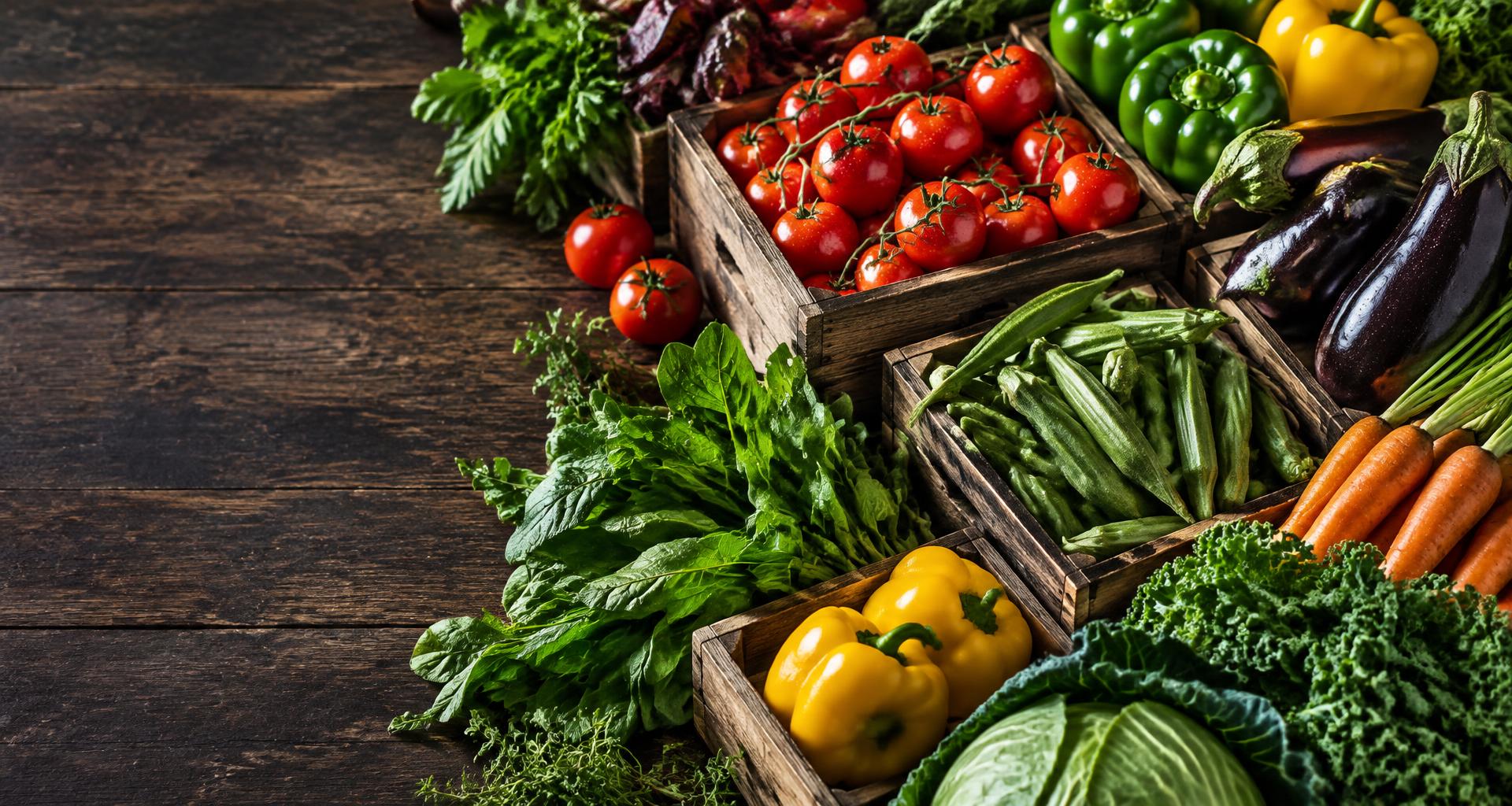 An abundant harvest of tomatoes, okra, peppers and leafy greens